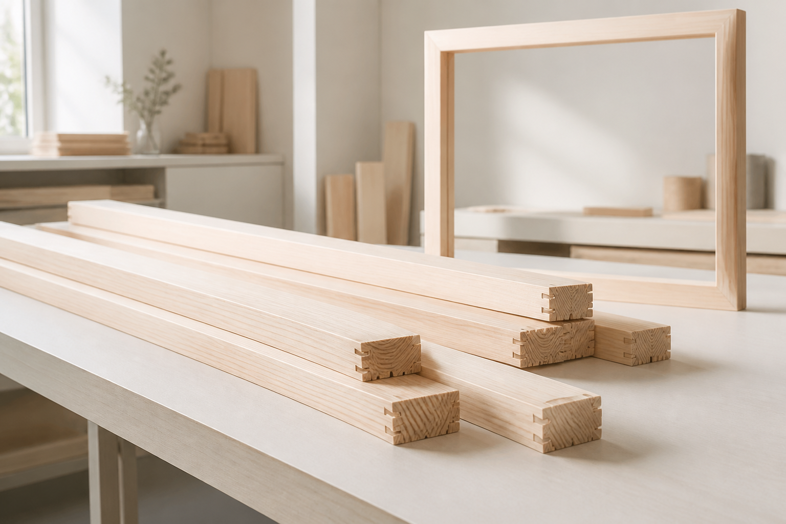 Barras de madera para bastidores en un taller contemporáneo